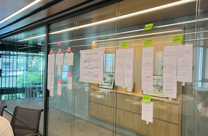 Parede de vidro com materiais, anotações e post-its organizados para mapear a jornada e a experiência do cliente.