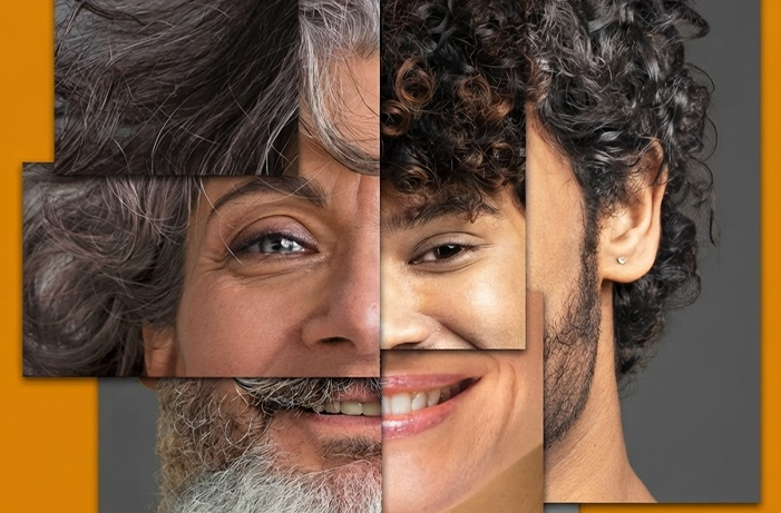 Composição visual de diferentes rostos representa a diversidade de perfis, comportamentos e características consideradas na segmentação de mercados e públicos.