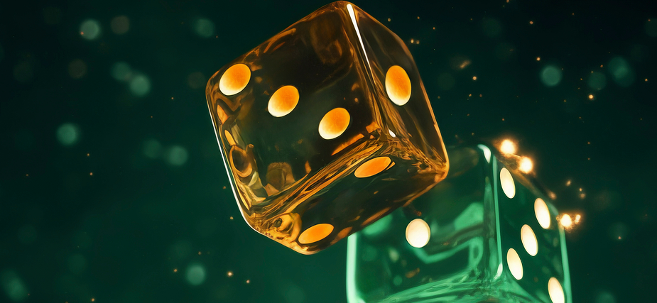 Dados dourados e verdes simbolizam gamificação e mecanismos de recompensa.